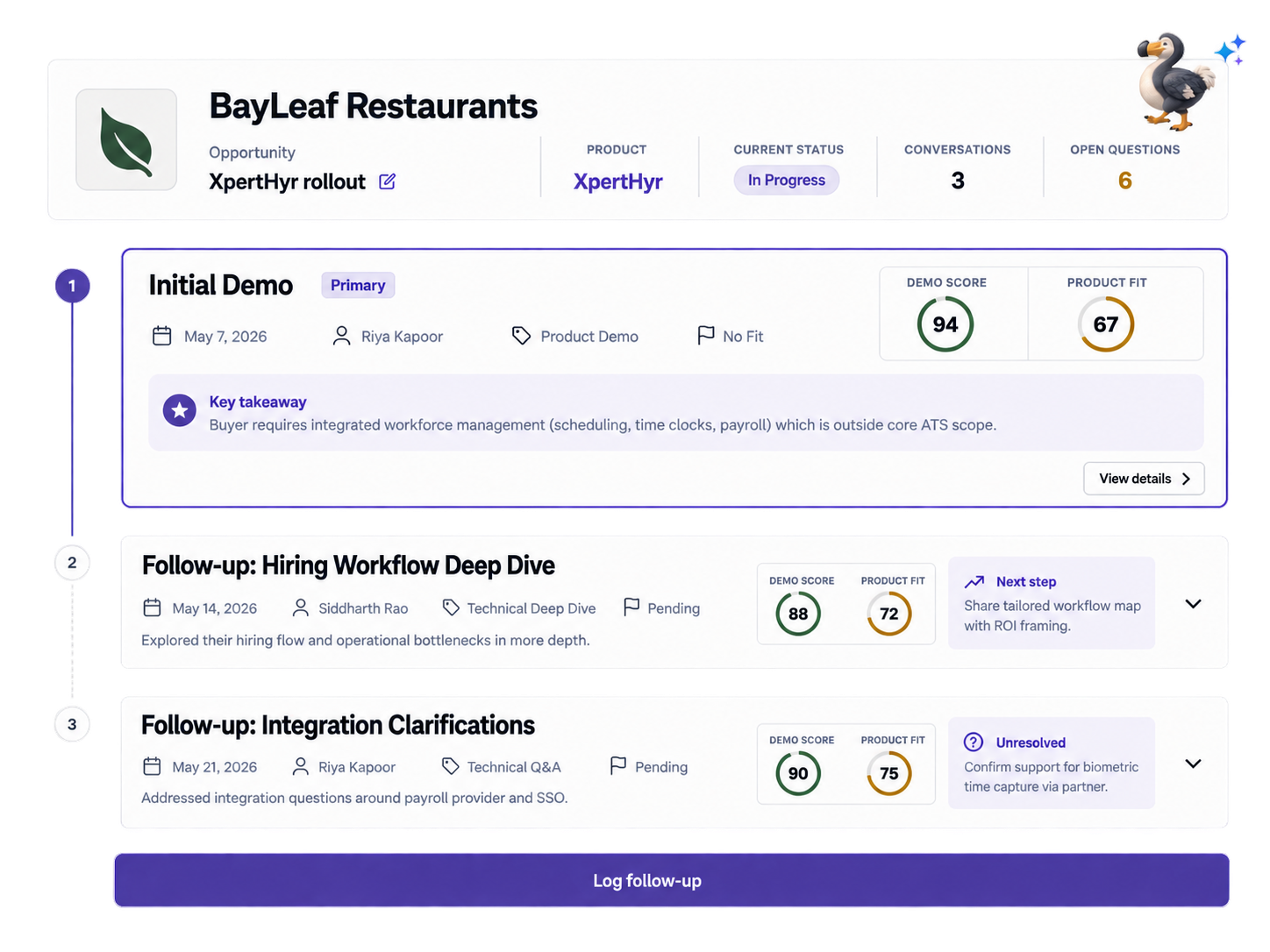 DodoDemo account view showing an initial demo followed by multiple follow-up conversations, scores, next steps, and a Log follow-up action.